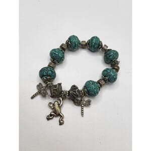 Vintage Turquoise Carved Bead Stretch Bracelet Frog Dragonfly Charms Beads